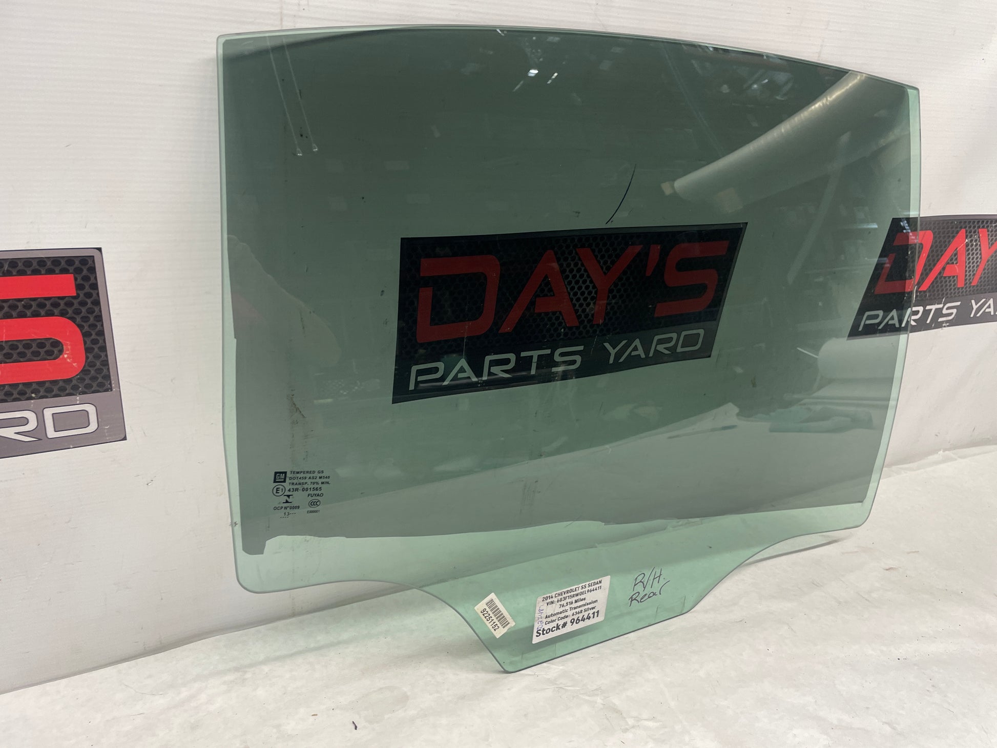 2014 Chevy SS Sedan RH Passenger Rear Door Window Glass OEM - Day's Parts Yard