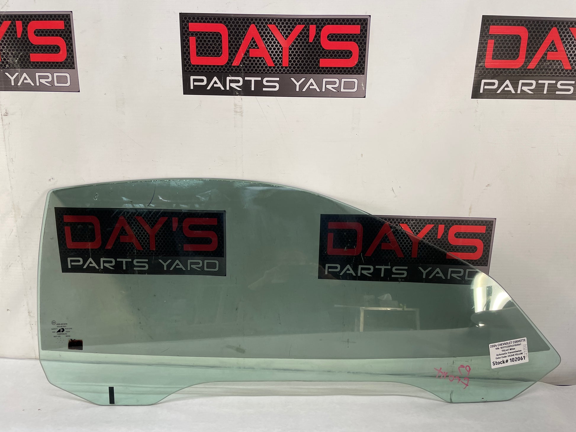 2004 Chevy C5 Corvette RH Passenger Front Door Window Glass OEM - Day's Parts Yard