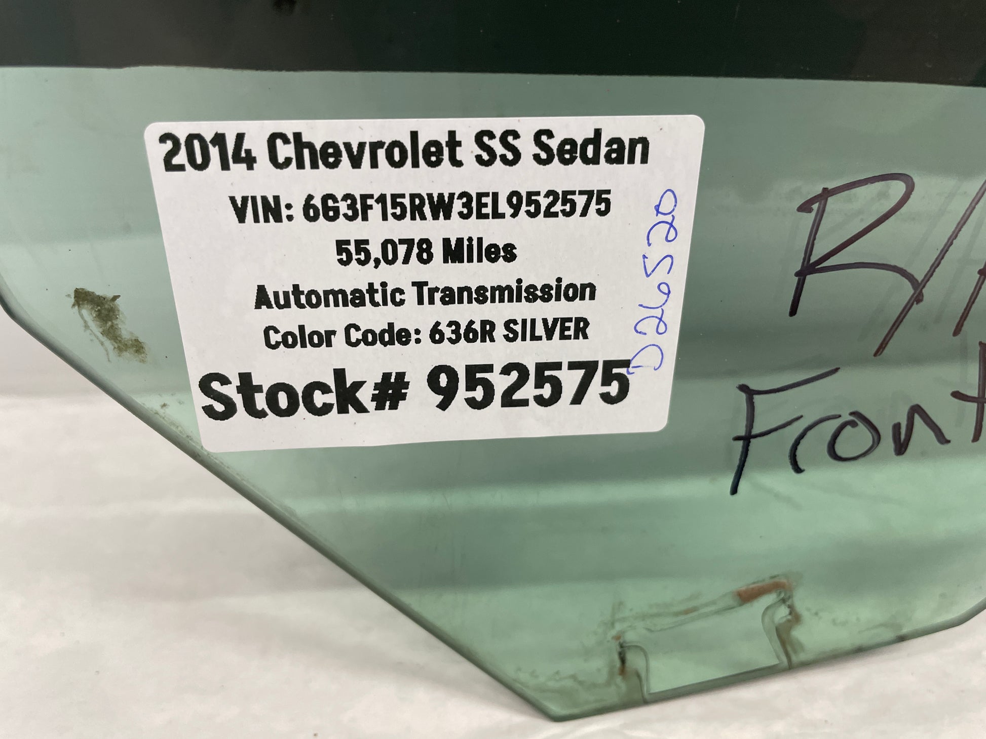 2014 Chevy SS Sedan RH Passenger Front Door Window Glass OEM - Day's Parts Yard