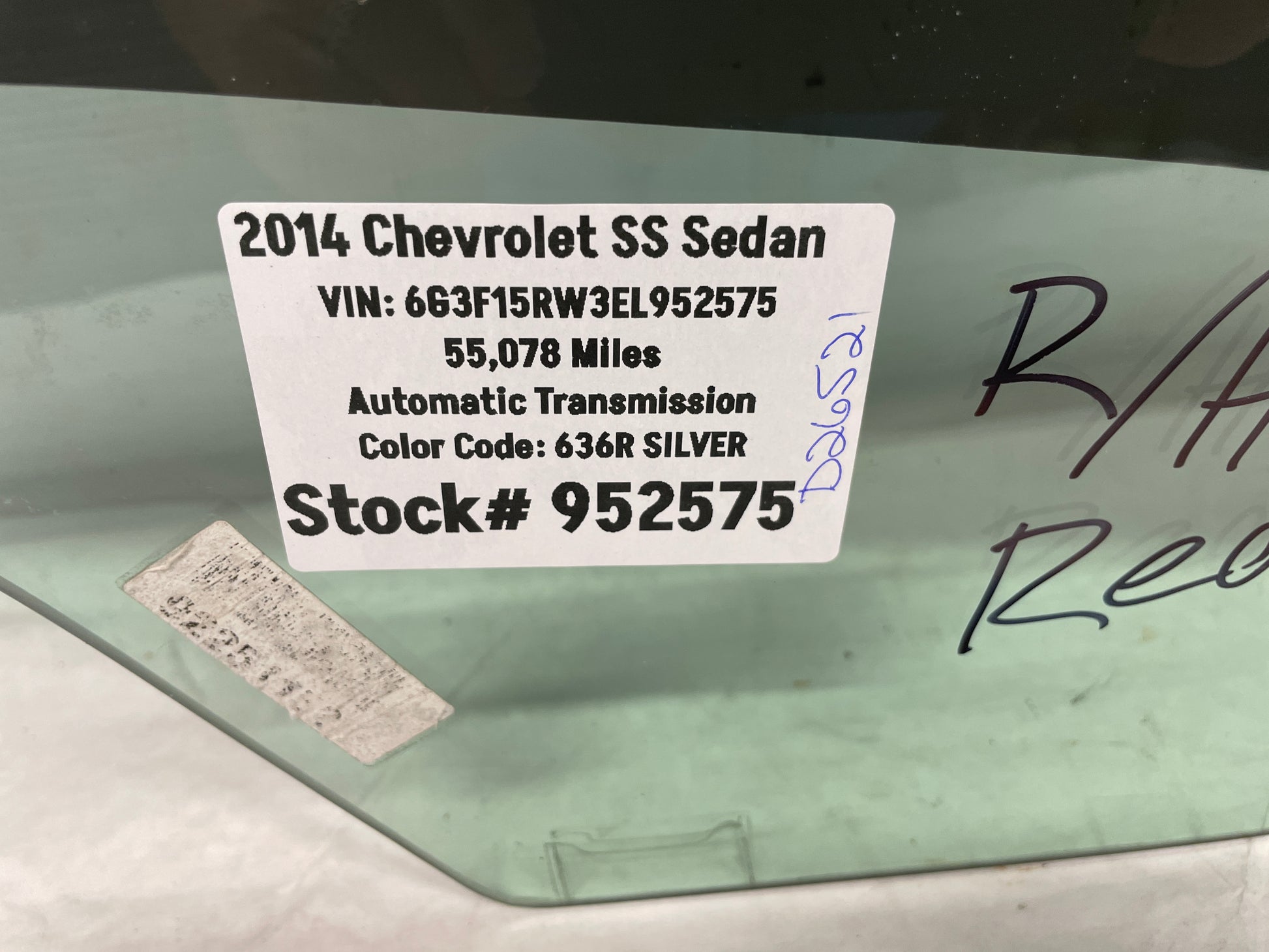 2014 Chevy SS RH Passenger Rear Door Window Glass OEM - Day's Parts Yard