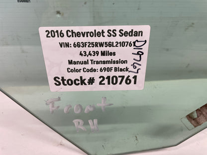 2016 Chevy SS Sedan RH Passenger Front Door Window Glass OEM - Day's Parts Yard