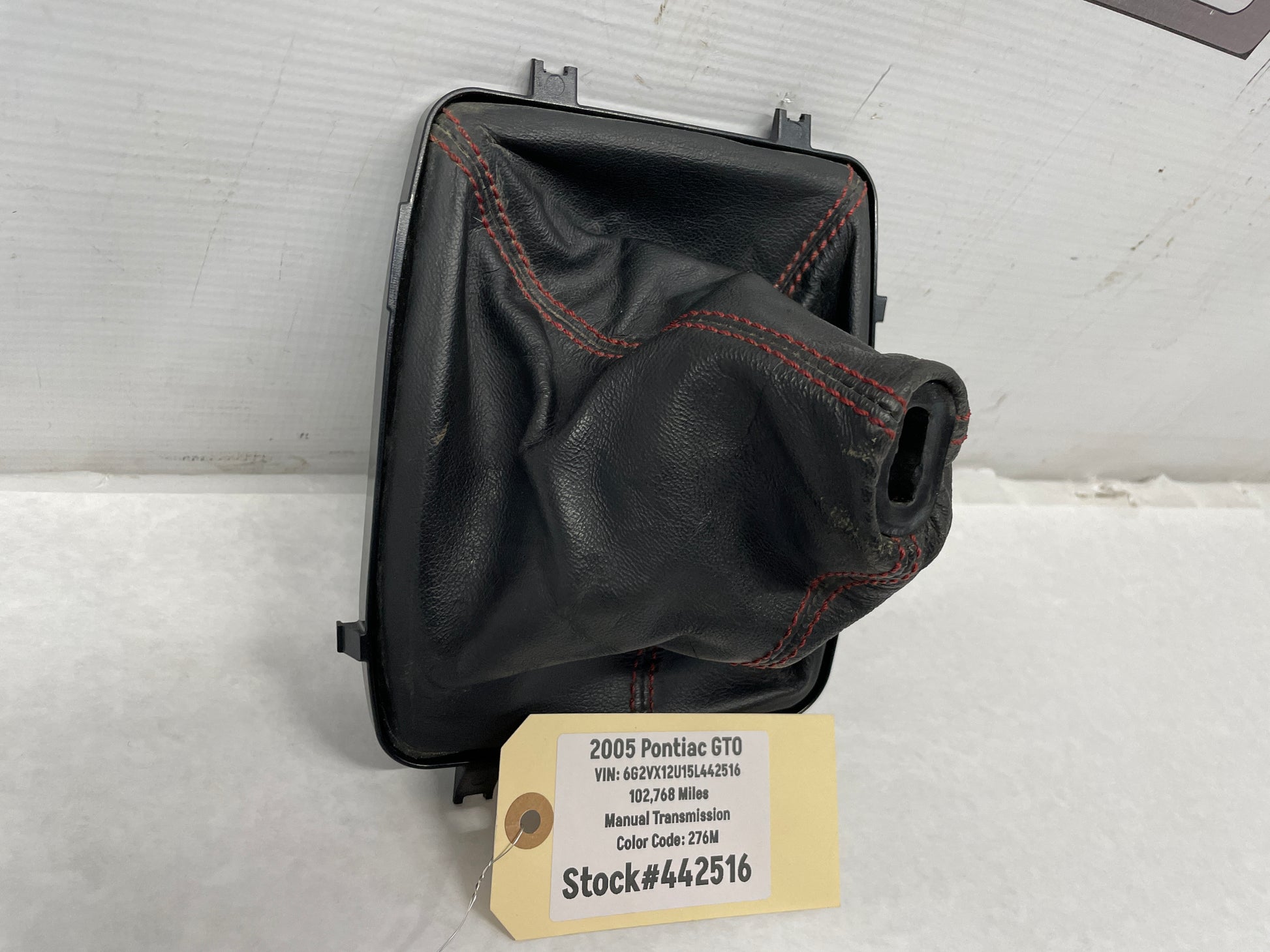 2005 Pontiac GTO Black Leather Shifter Boot Red Stitching OEM - Day's Parts Yard