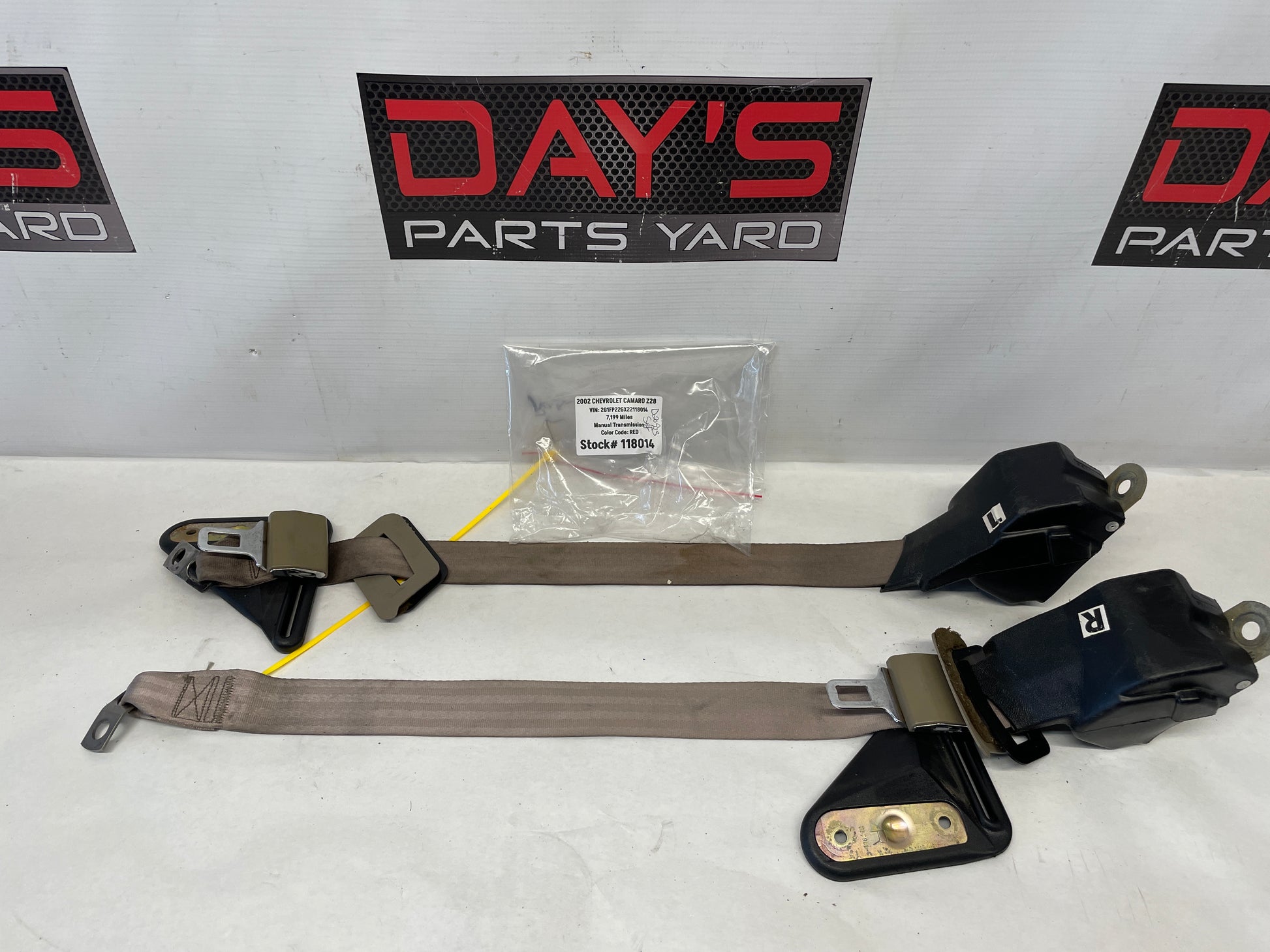 2002 Chevy Camaro Z28 Rear RH & LH Seatbelt Seat Belt Retractor Tan OEM - Day's Parts Yard