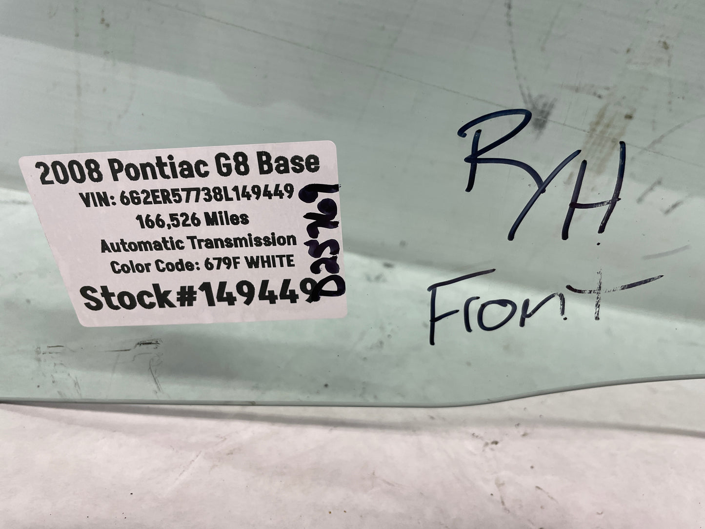 2008 Pontiac G8 Base RH Passenger Front Door Window Glass OEM - Day's Parts Yard