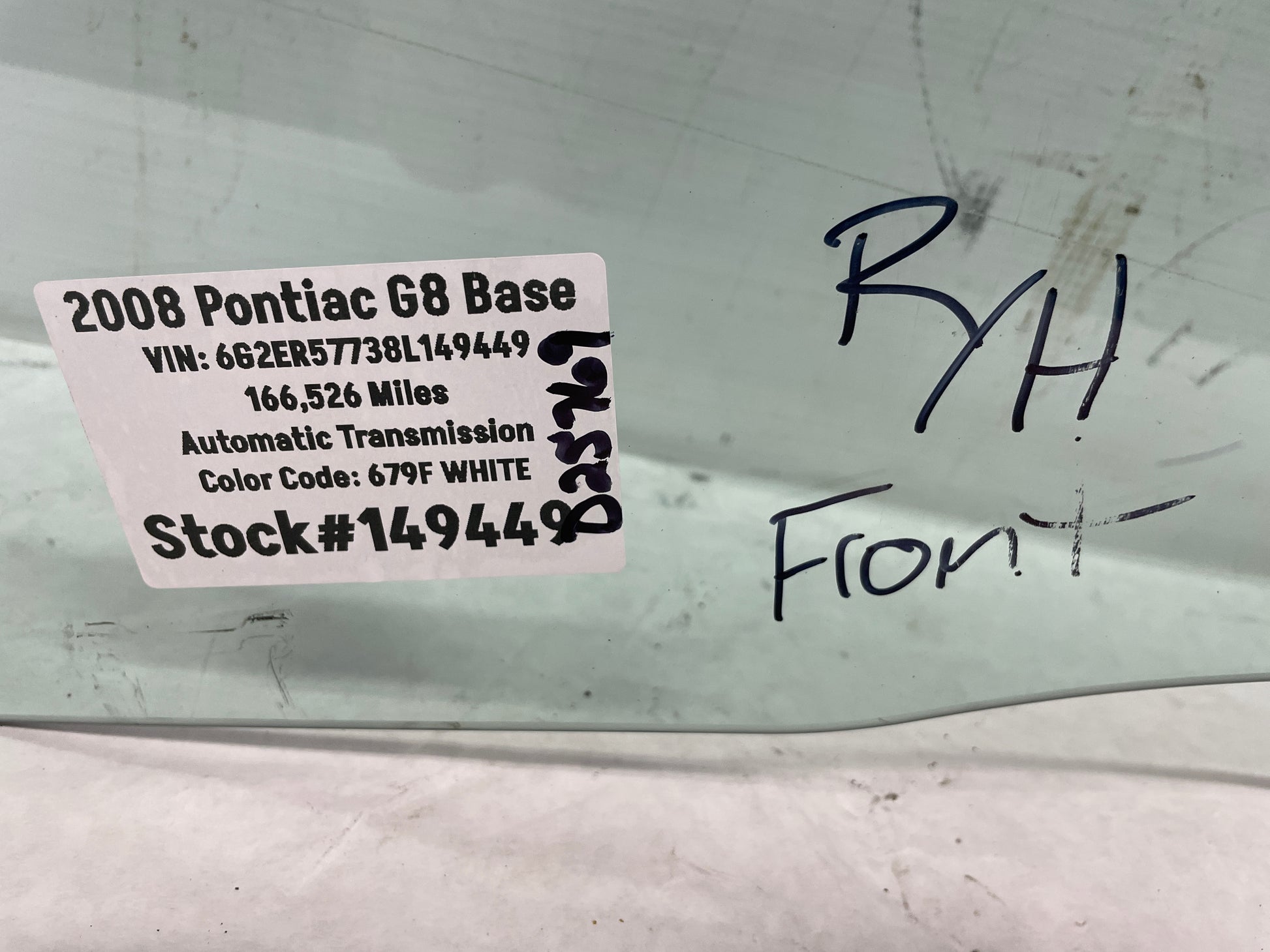 2008 Pontiac G8 Base RH Passenger Front Door Window Glass OEM - Day's Parts Yard