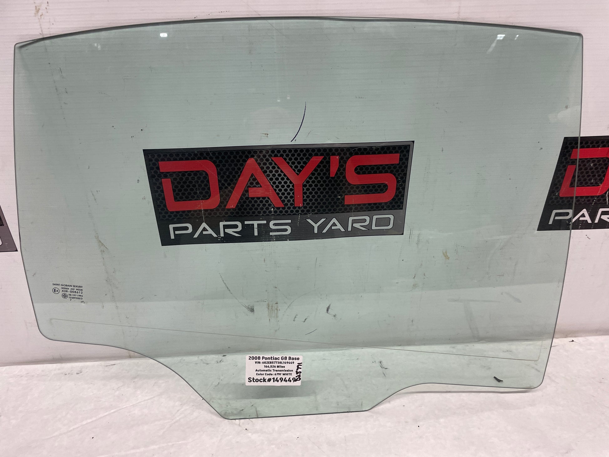 2008 Pontiac G8 Base LH Driver Rear Door Window Glass OEM - Day's Parts Yard