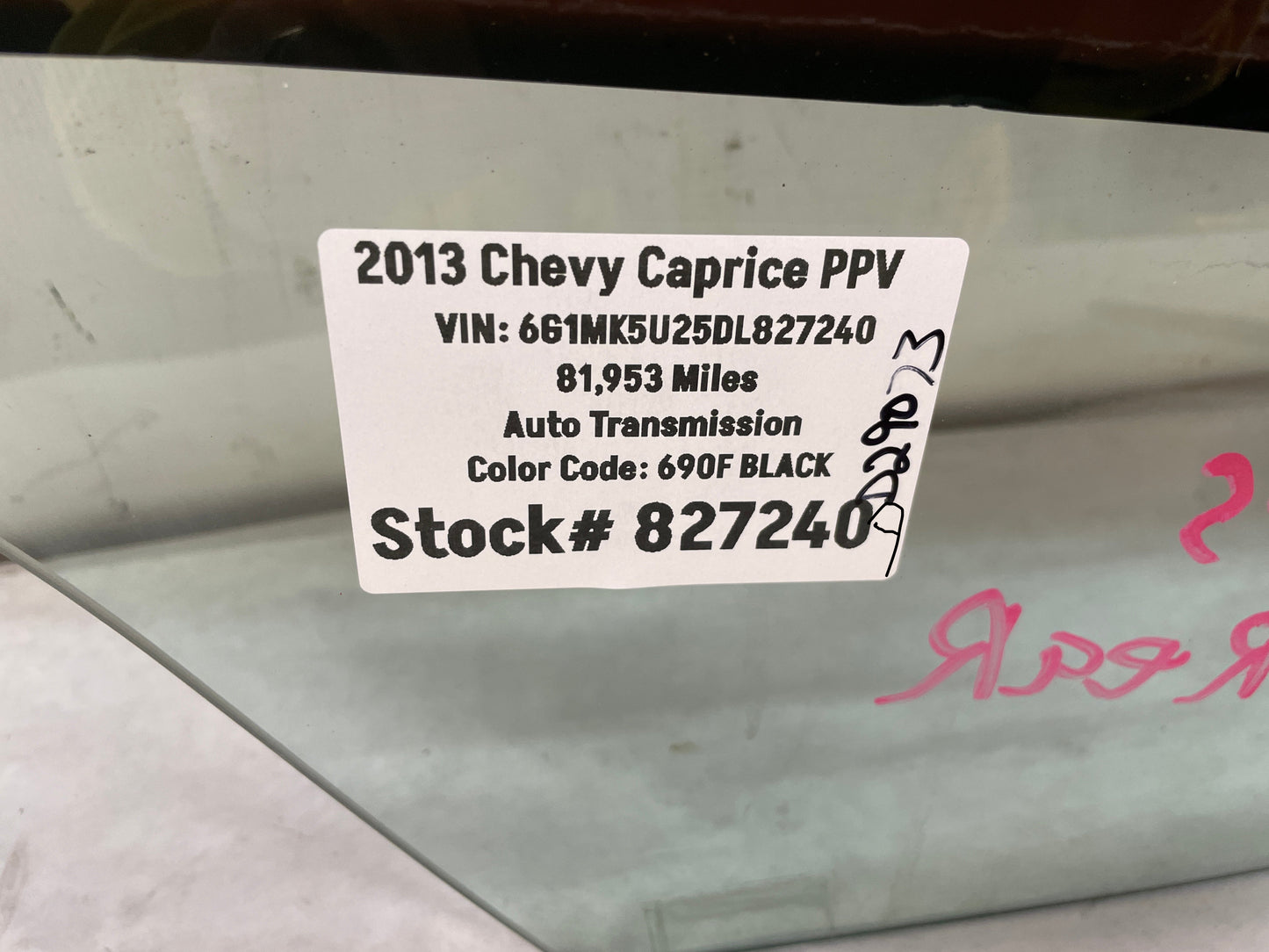 2013 Chevy Caprice PPV RH Passenger Rear Door Window Glass OEM