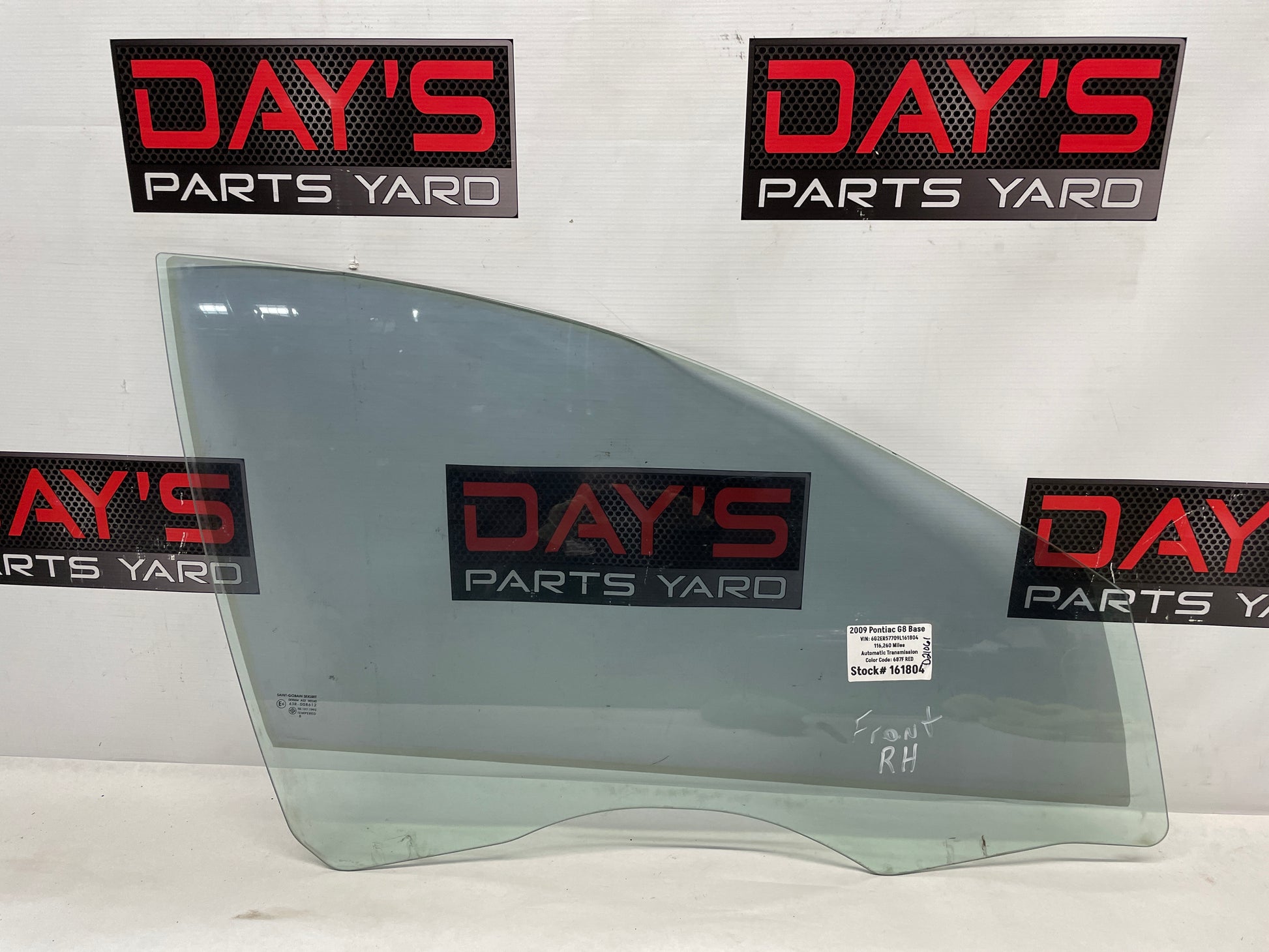 2009 Pontiac G8 RH Passenger Front Door Window Glass OEM - Day's Parts Yard