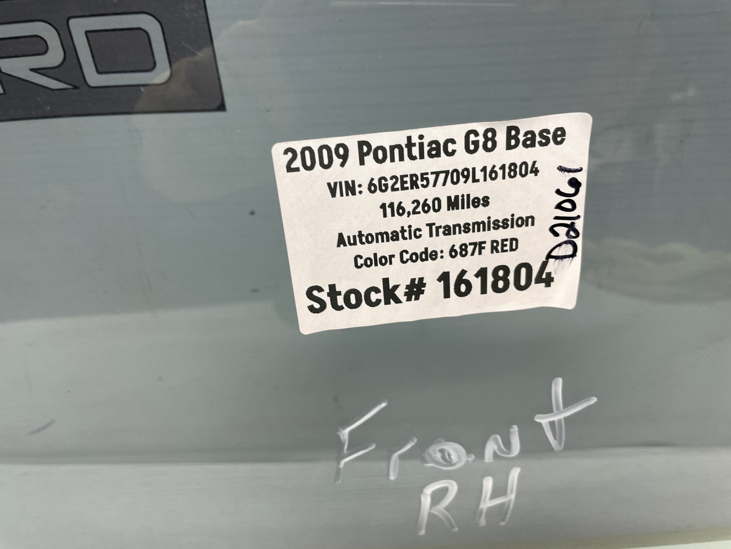 2009 Pontiac G8 RH Passenger Front Door Window Glass OEM - Day's Parts Yard