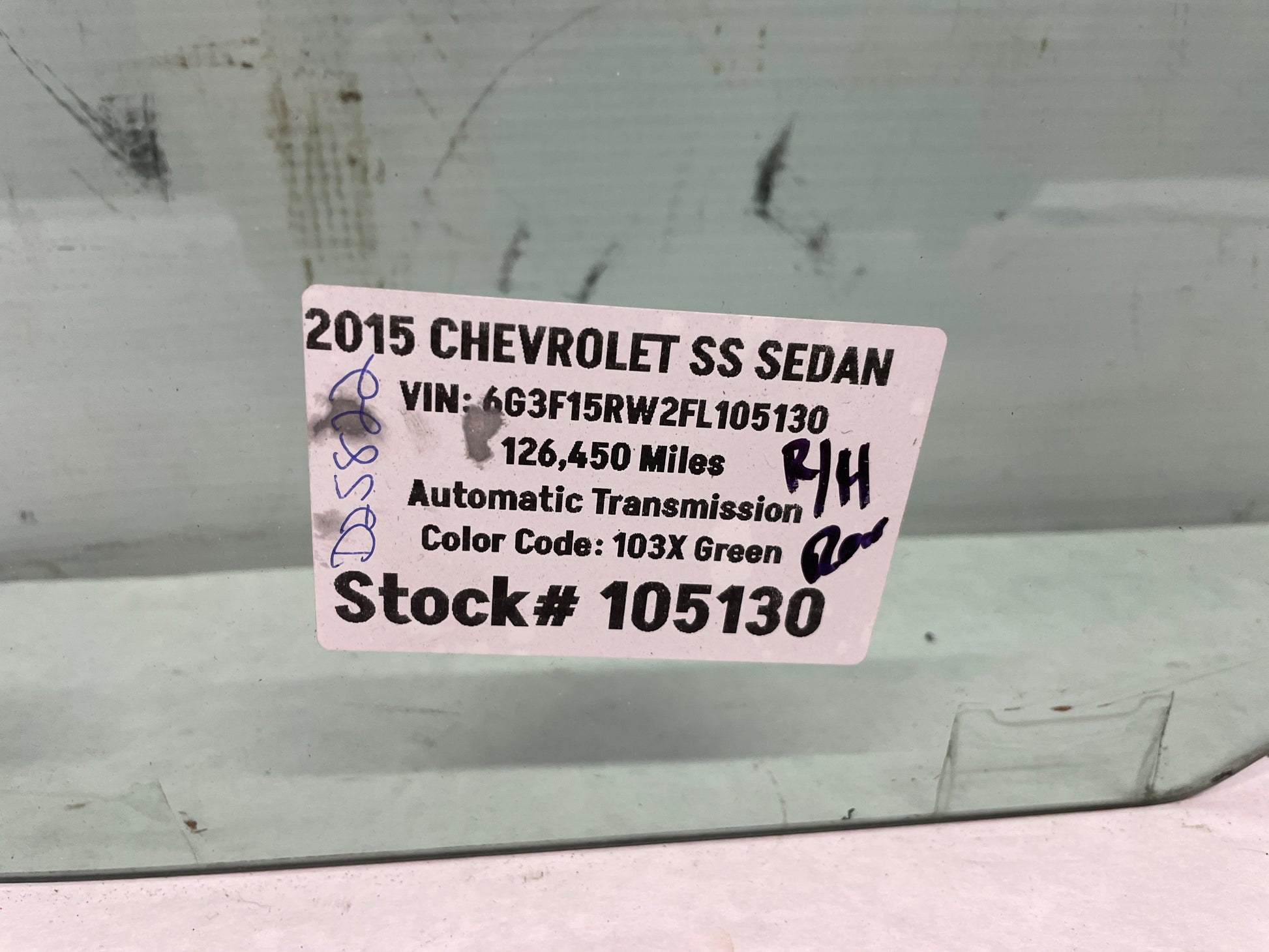 2015 Chevy SS RH Passenger Rear Door Window Glass OEM - Day's Parts Yard