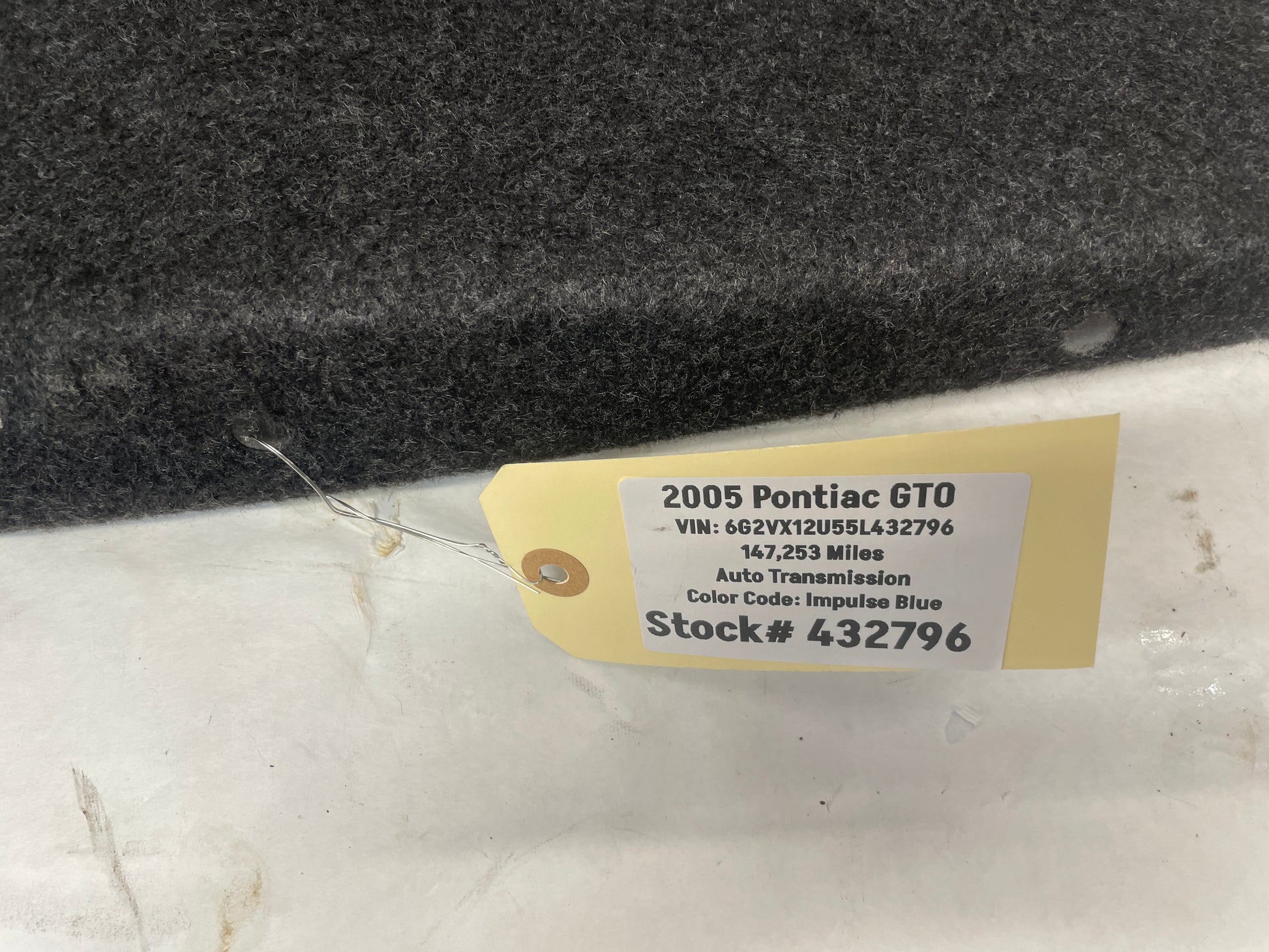 2005 Pontiac GTO Trunk Deck Lid Liner Carpet Felt Trim OEM - Day's Parts Yard