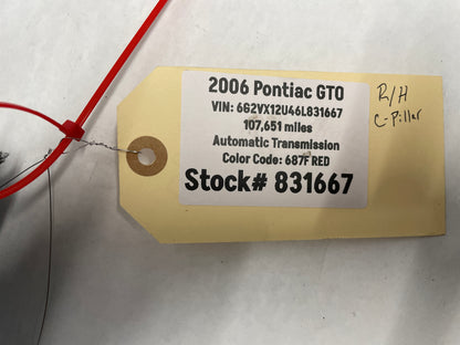 2006 Pontiac GTO RH Passenger Rear Interior Quarter C Pillar Seat Belt Cover Trim Panel OEM - Day's Parts Yard