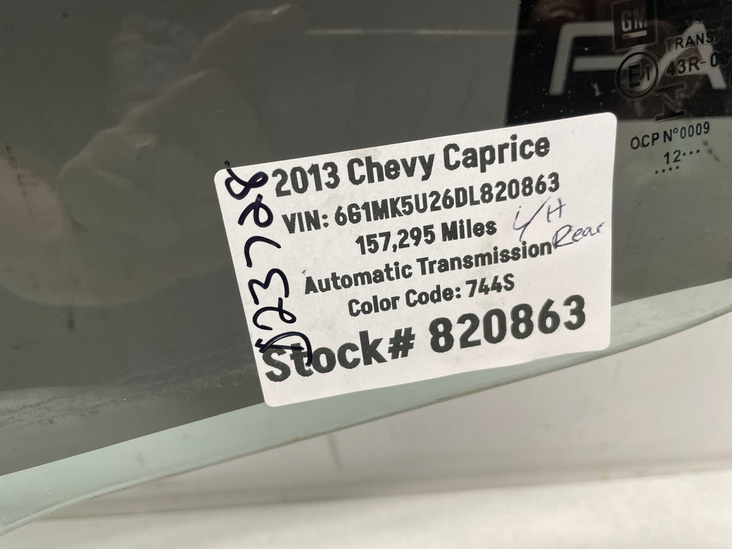 2013 Chevy Caprice LH Driver Rear Door Window Glass OEM - Day's Parts Yard