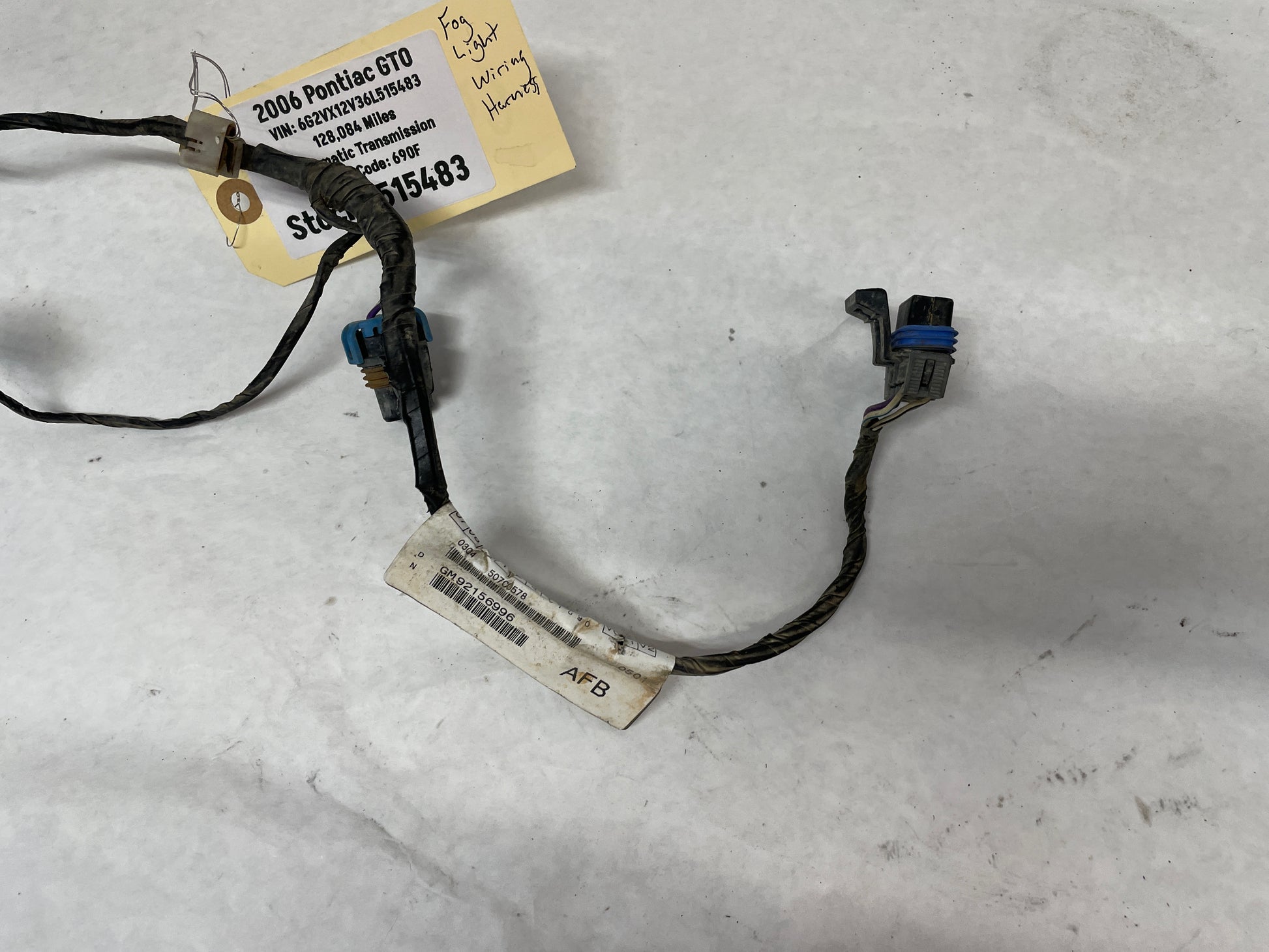 2006 Pontiac GTO Front Bumper Fog Light Lamp Wire Wiring Harness OEM - Day's Parts Yard