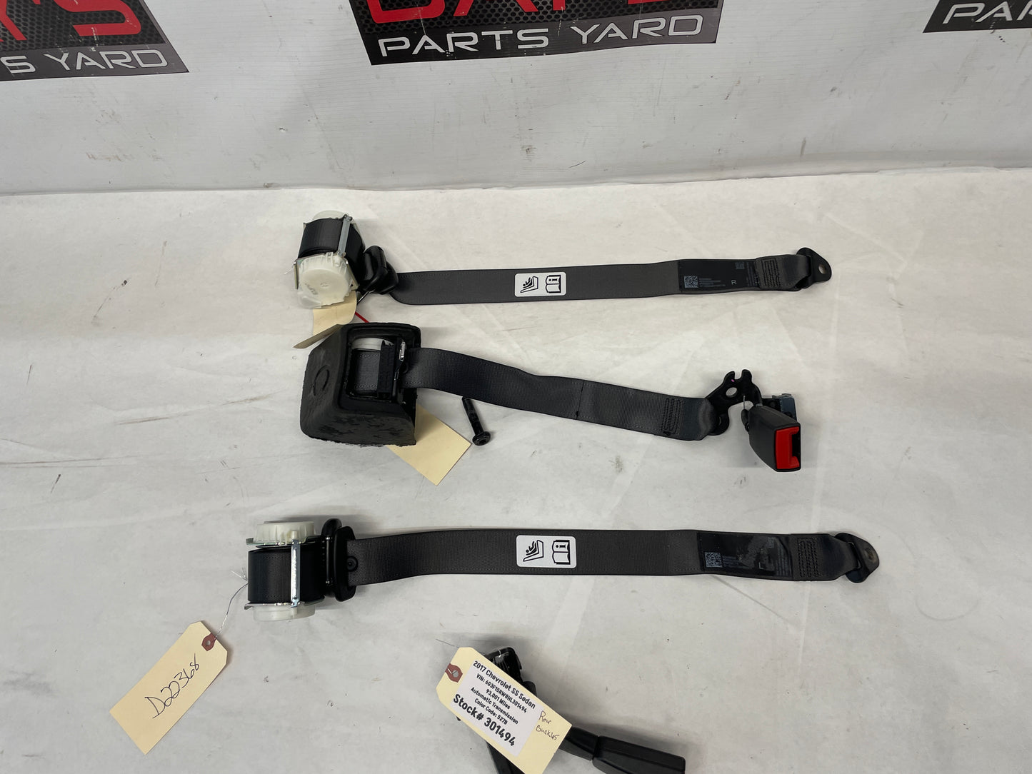 2017 Chevy SS Sedan Complete Rear Seat Belts Retractor Set w/ Buckles OEM - Day's Parts Yard