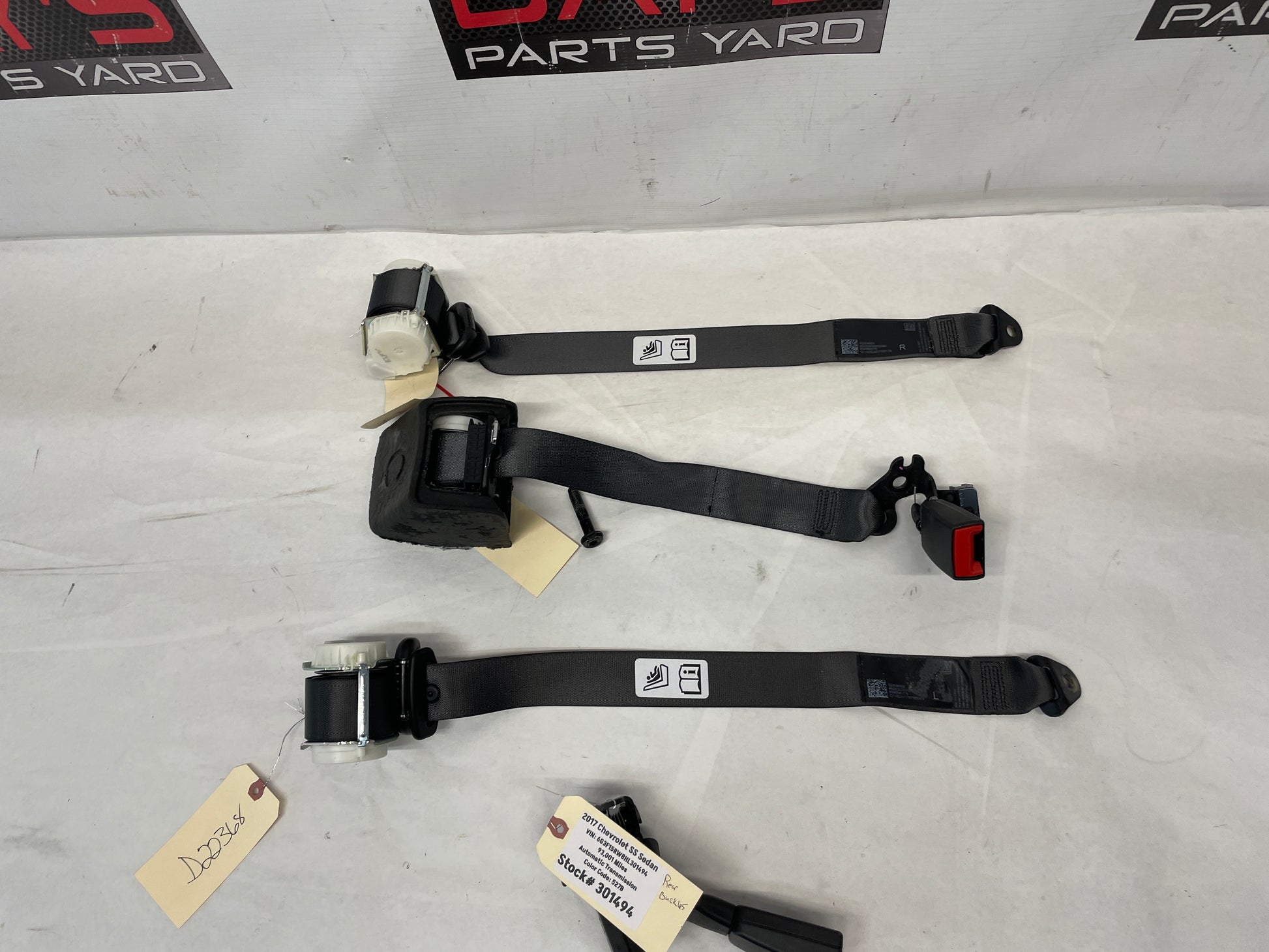 2017 Chevy SS Sedan Complete Rear Seat Belts Retractor Set w/ Buckles OEM - Day's Parts Yard