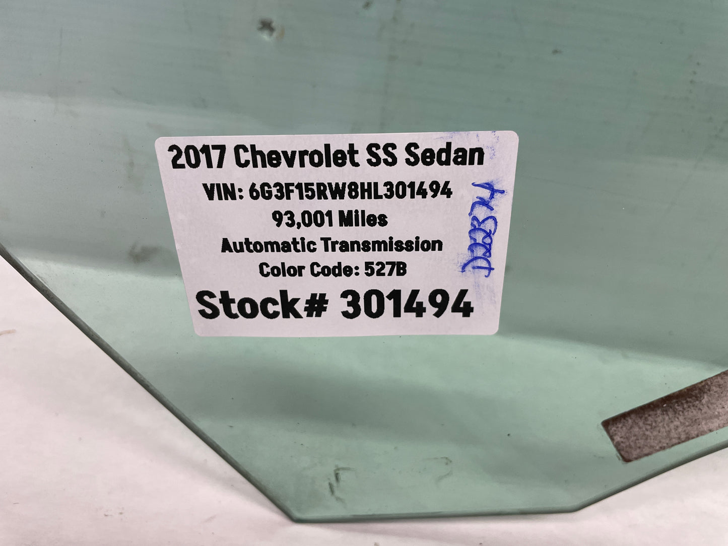 2017 Chevy SS Sedan RH Passenger Front Door Window Glass OEM - Day's Parts Yard