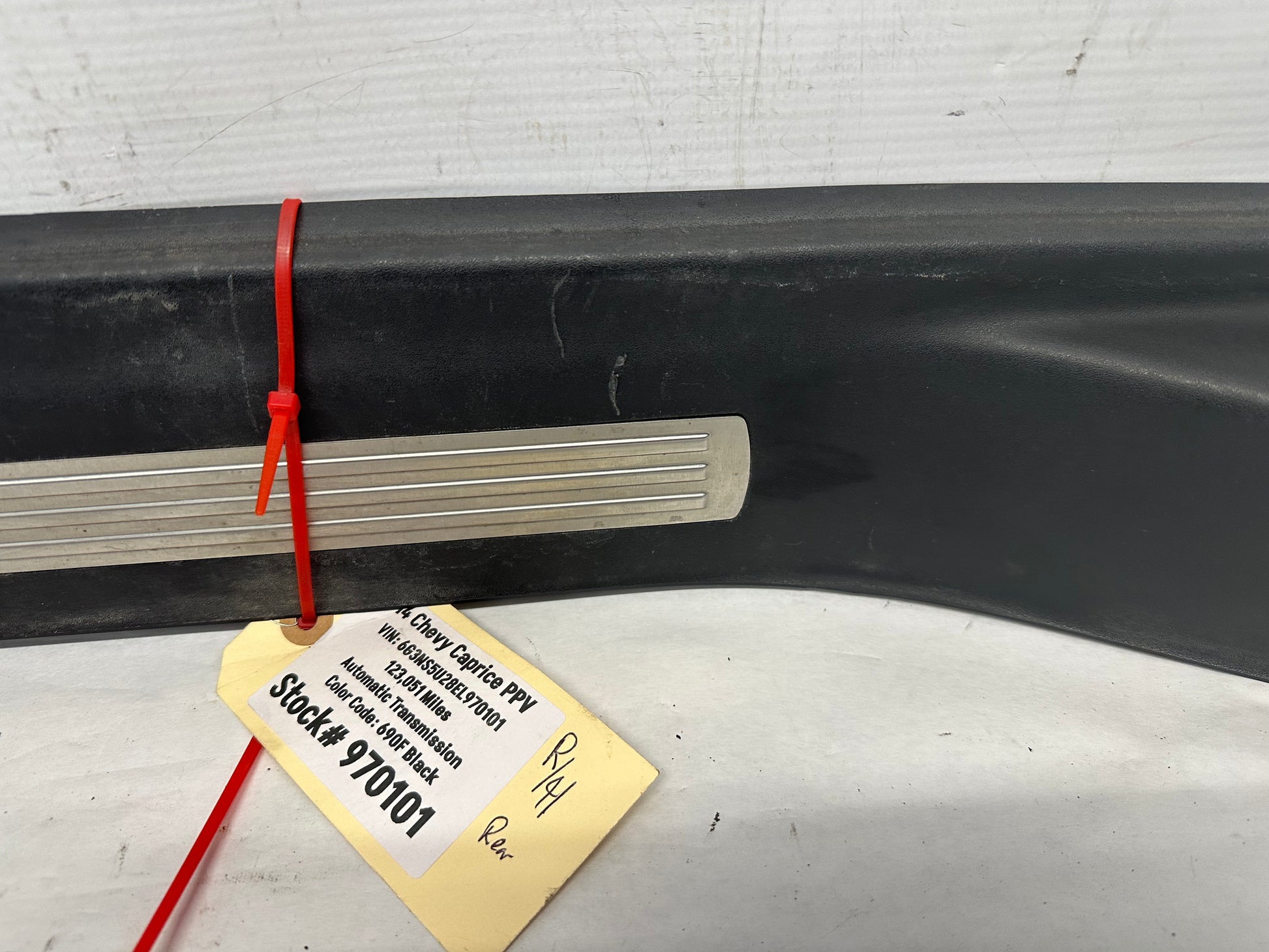 2014 Chevy Caprice PPV RH Passenger Rear Scuff Sill Plate Panel Trim OEM - Day's Parts Yard