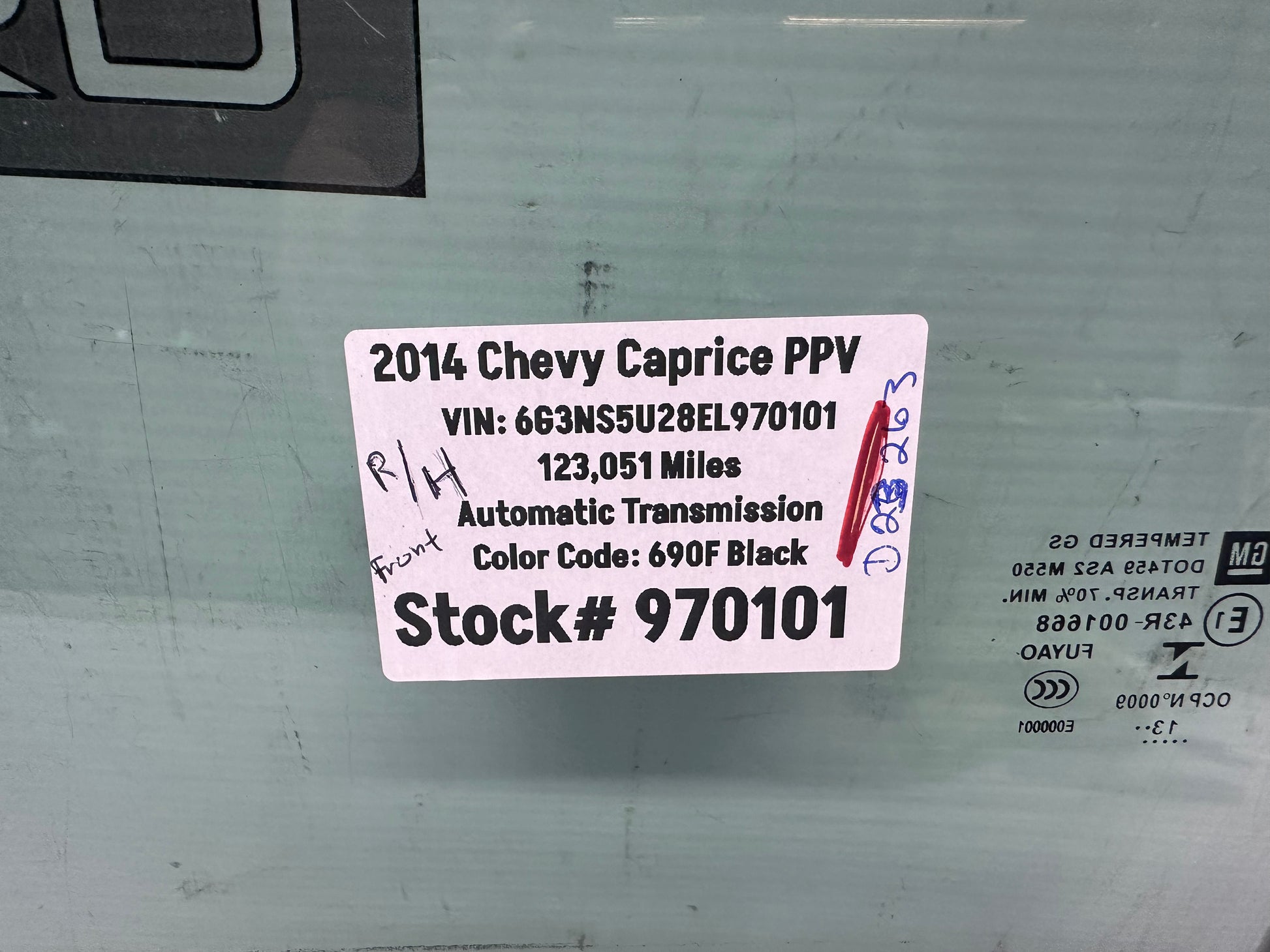 2014 Chevy Caprice PPV RH Passenger Front Door Window Glass OEM - Day's Parts Yard
